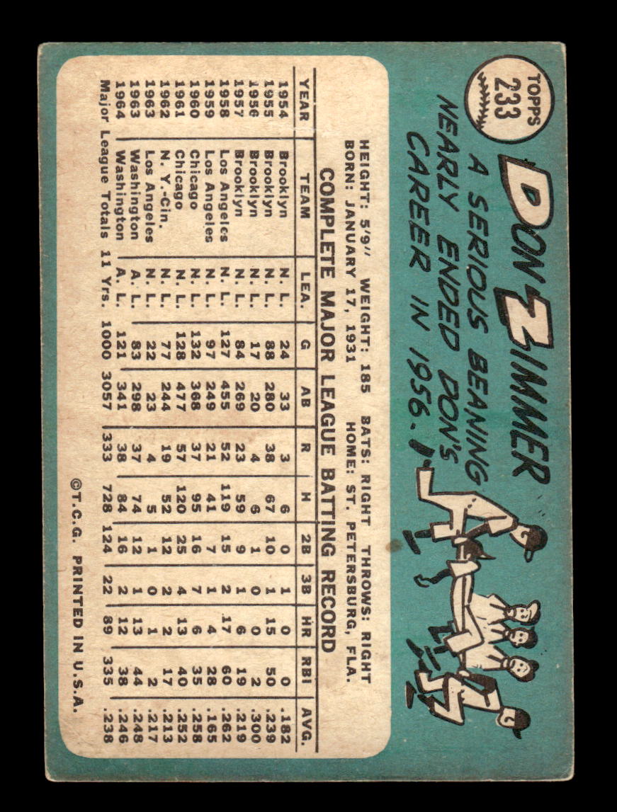 1965 Topps #233 Don Zimmer Washington Senators VG 54T10008014