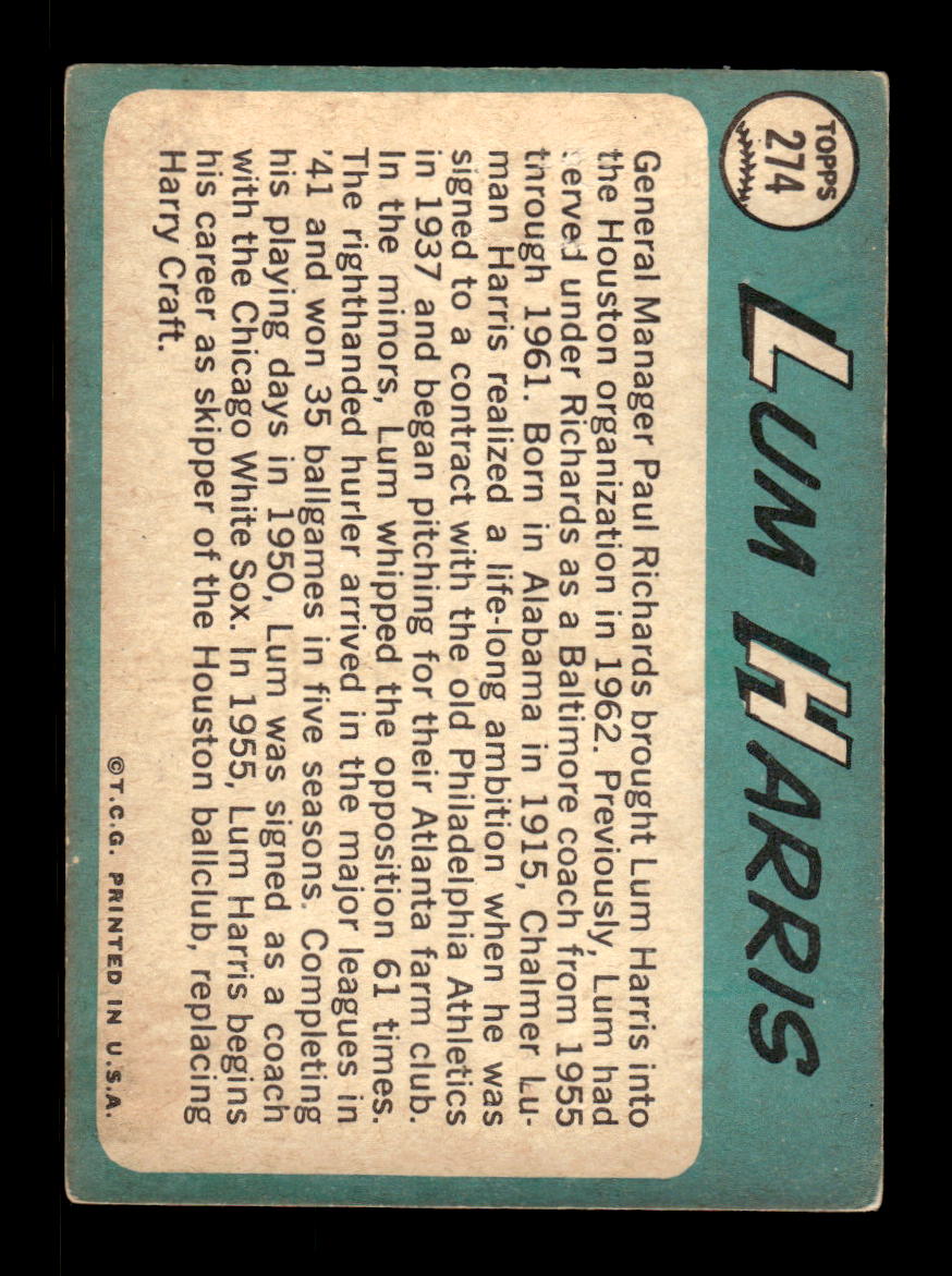 1965 Topps #274 Lum Harris Houston Astros VG 54T10008032