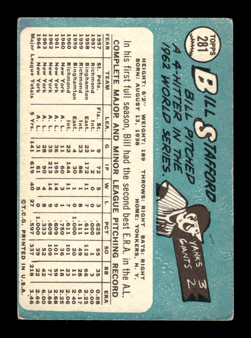 1965 Topps #281 Bill Stafford New York Yankees VG 54T10008037