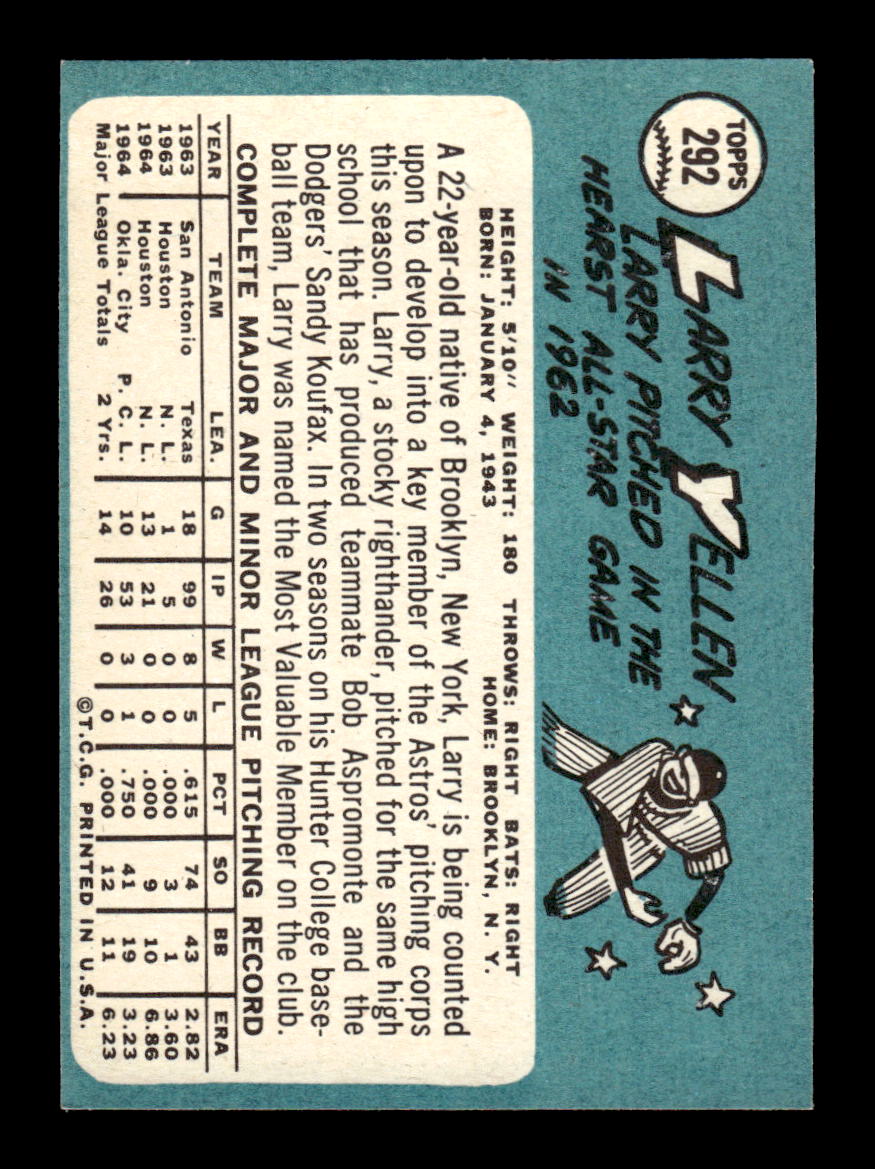 1965 Topps #292 Larry Yellen Houston Astros VG 54T10008044