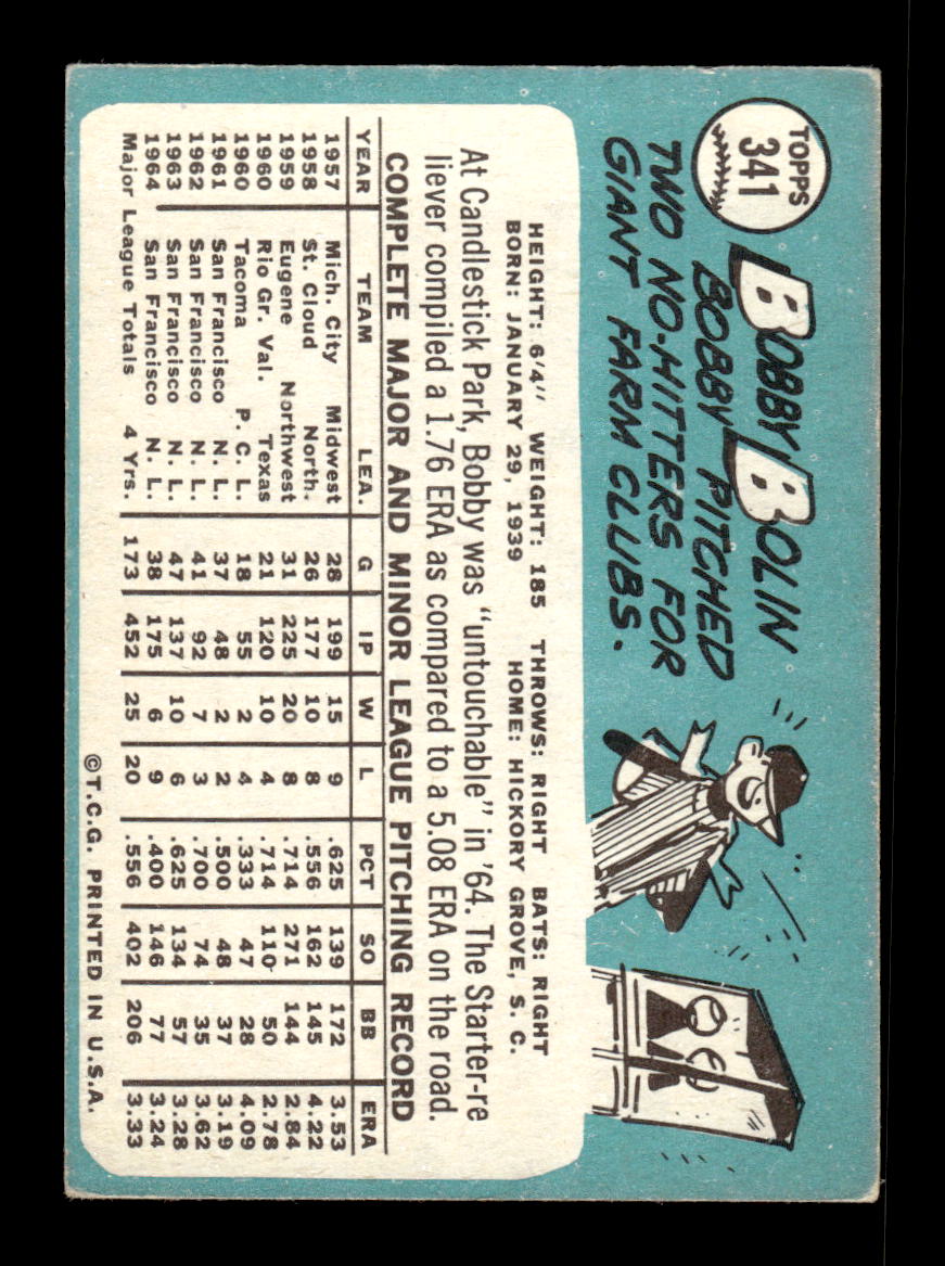 1965 Topps #341 Bobby Bolin San Francisco Giants VG 54T10008068