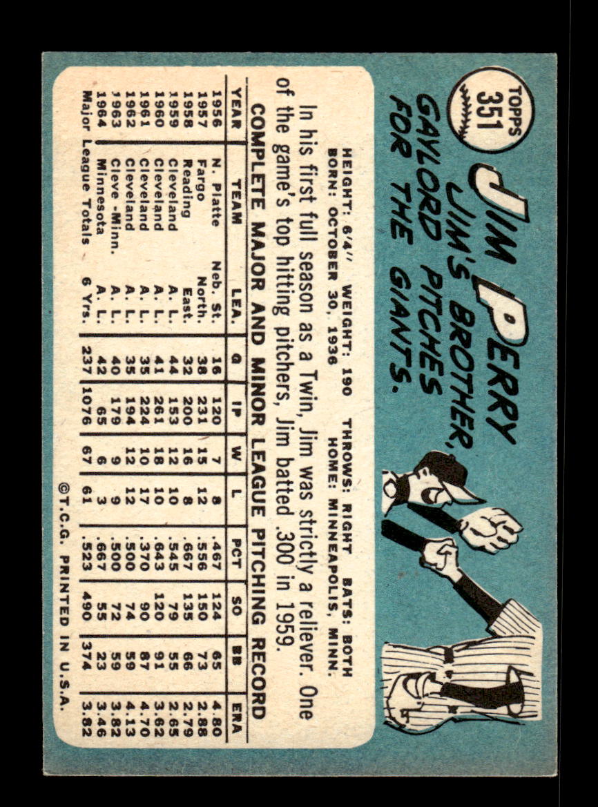 1965 Topps #351 Jim Perry Minnesota Twins VG 54T10008071