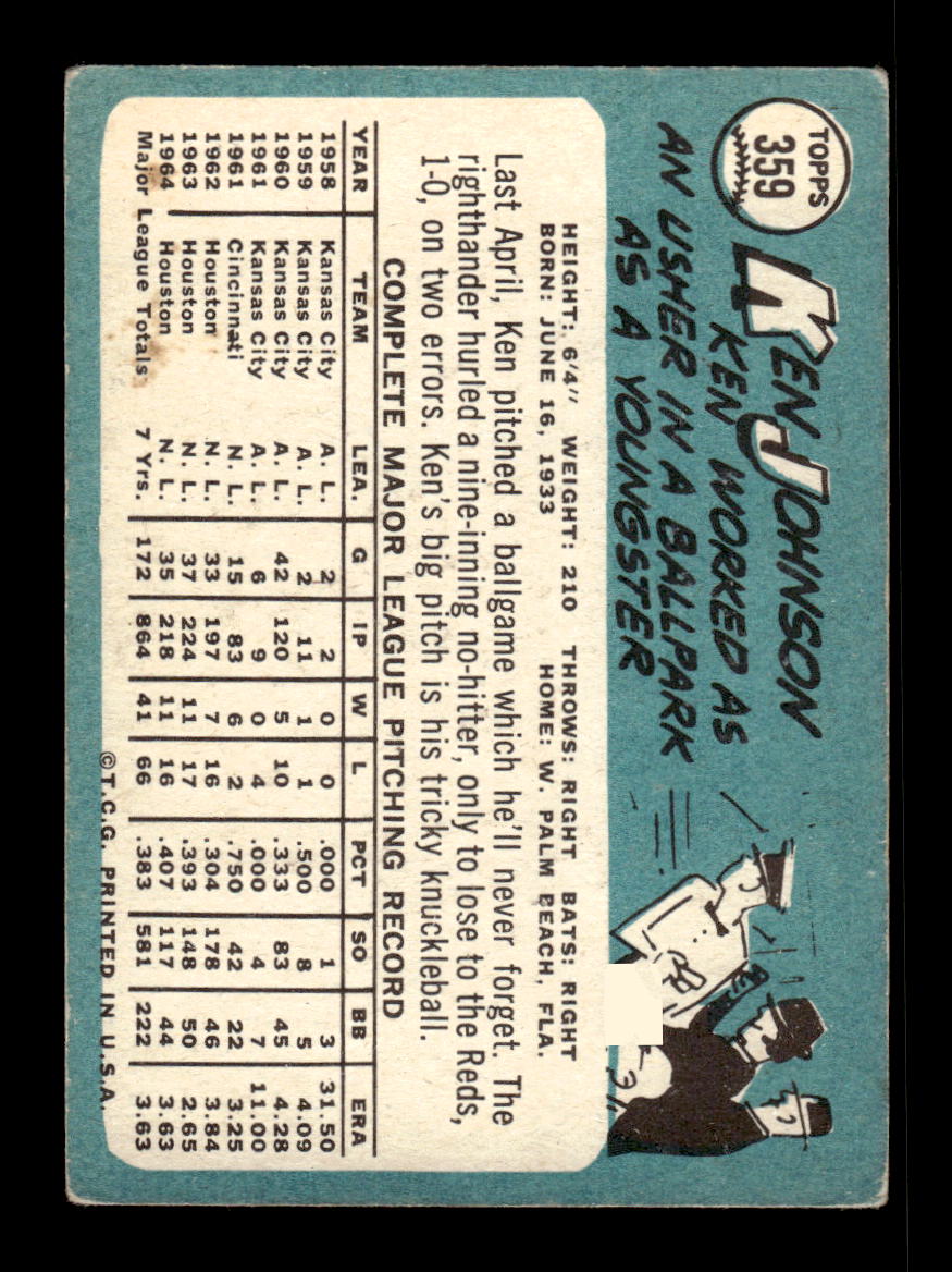1965 Topps #359 Ken Johnson Houston Astros VG 54T10008076