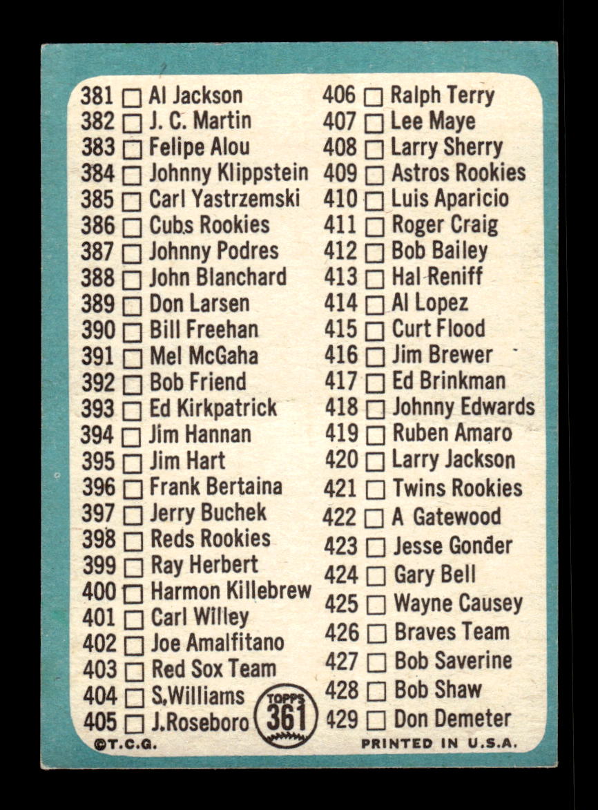 1965 Topps #361 5th Series Checklist: 353-429 VG 54T10008077