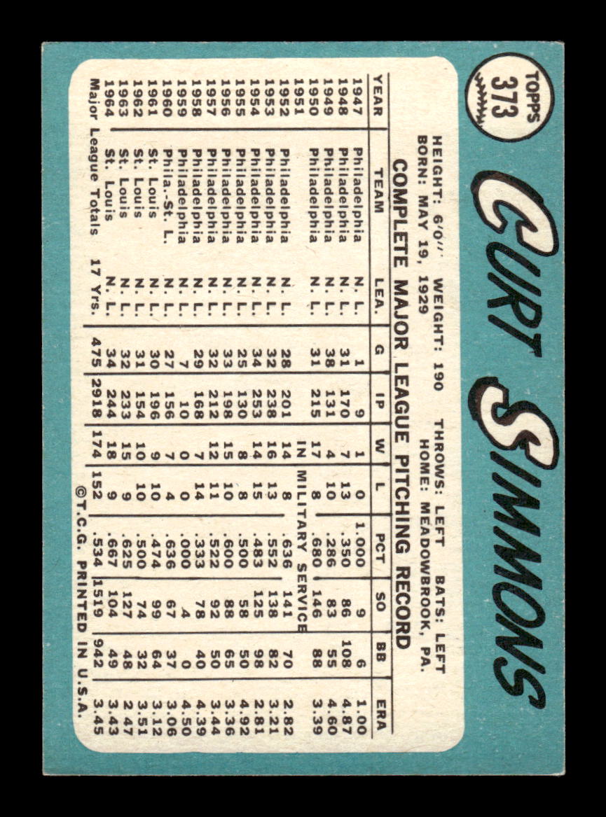 1965 Topps #373 Curt Simmons St. Louis Cardinals VG 54T10008086