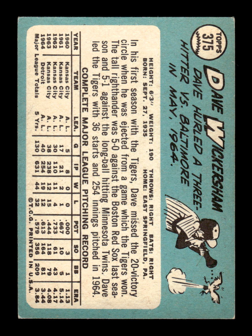 1965 Topps #375 Dave Wickersham Detroit Tigers VG 54T10008087