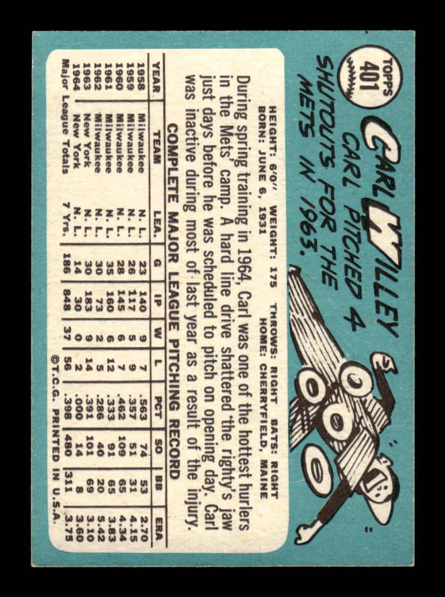 1965 Topps #401 Carl Willey New York Mets VG 54T10008095