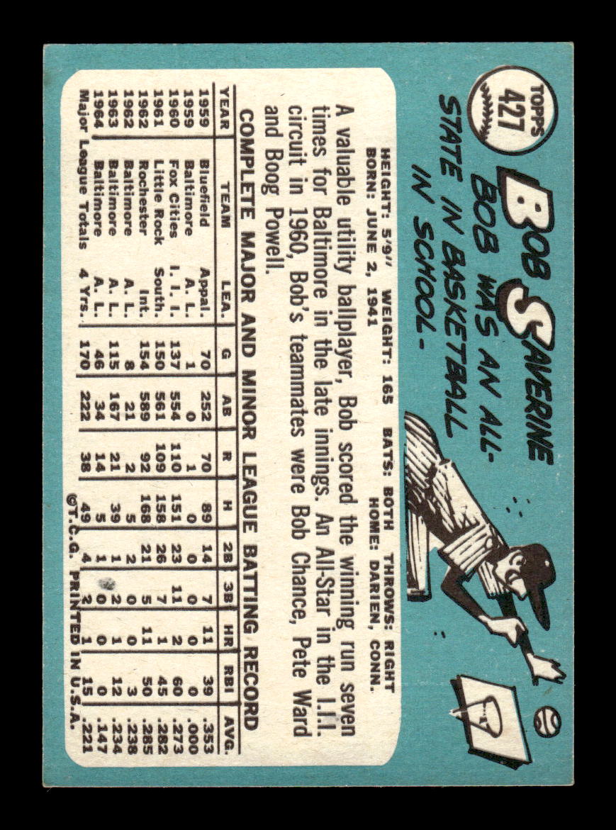 1965 Topps #427 Bob Saverine Baltimore Orioles VG 54T10008108