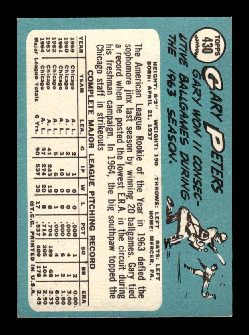 1965 Topps #430 Gary Peters Chicago White Sox VG 54T10008111