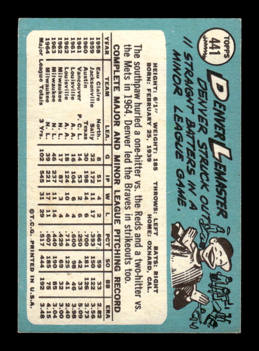 1965 Topps #441 Denver Lemaster Milwaukee Braves VG 54T10008117