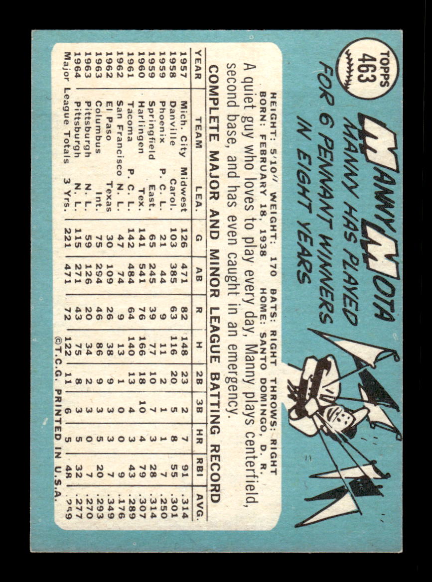 1965 Topps #463 Manny Mota Pittsburgh Pirates VG 54T10008124