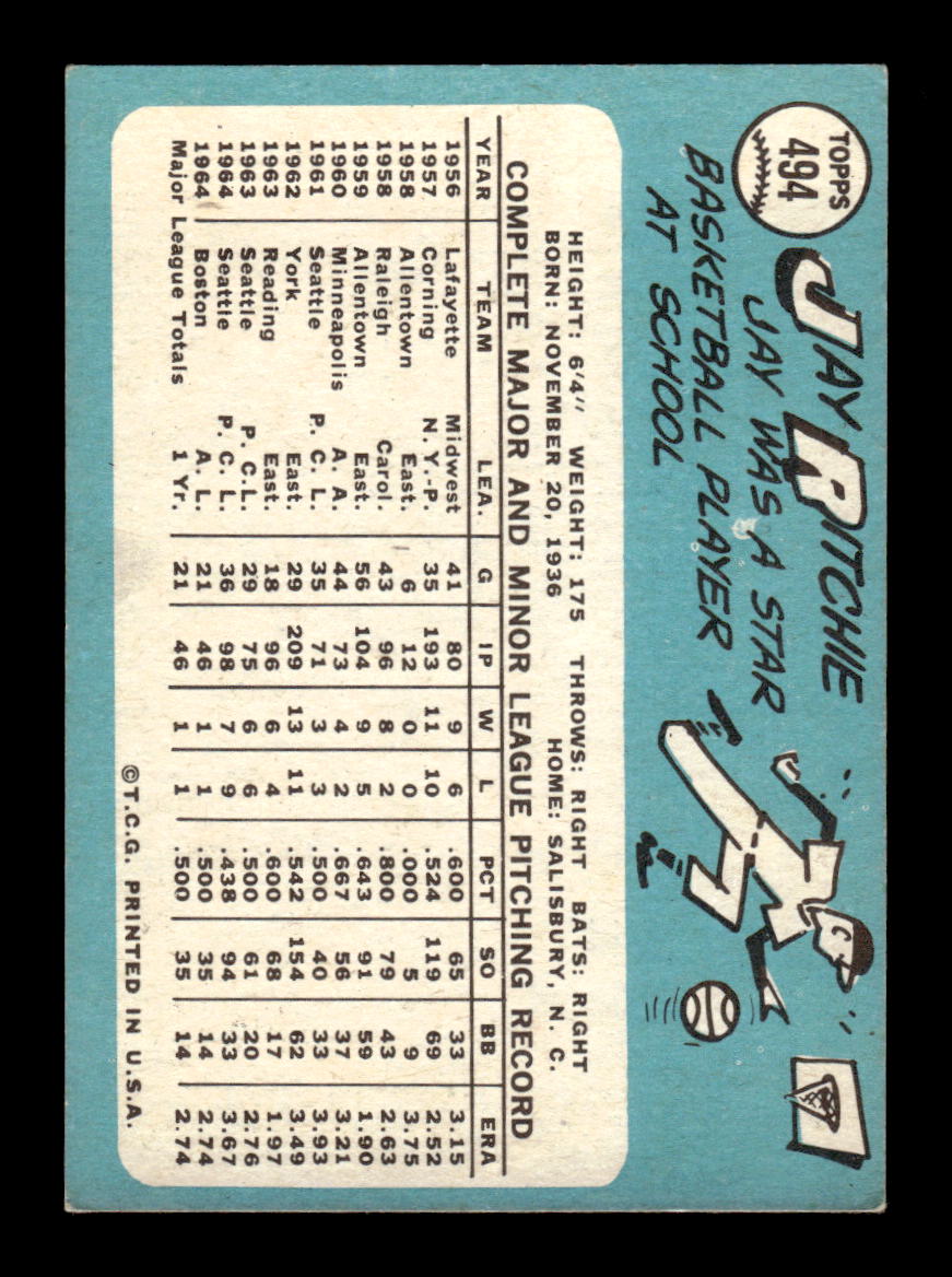 1965 Topps #494 Jay Ritchie Boston Red Sox VG 54T10008136