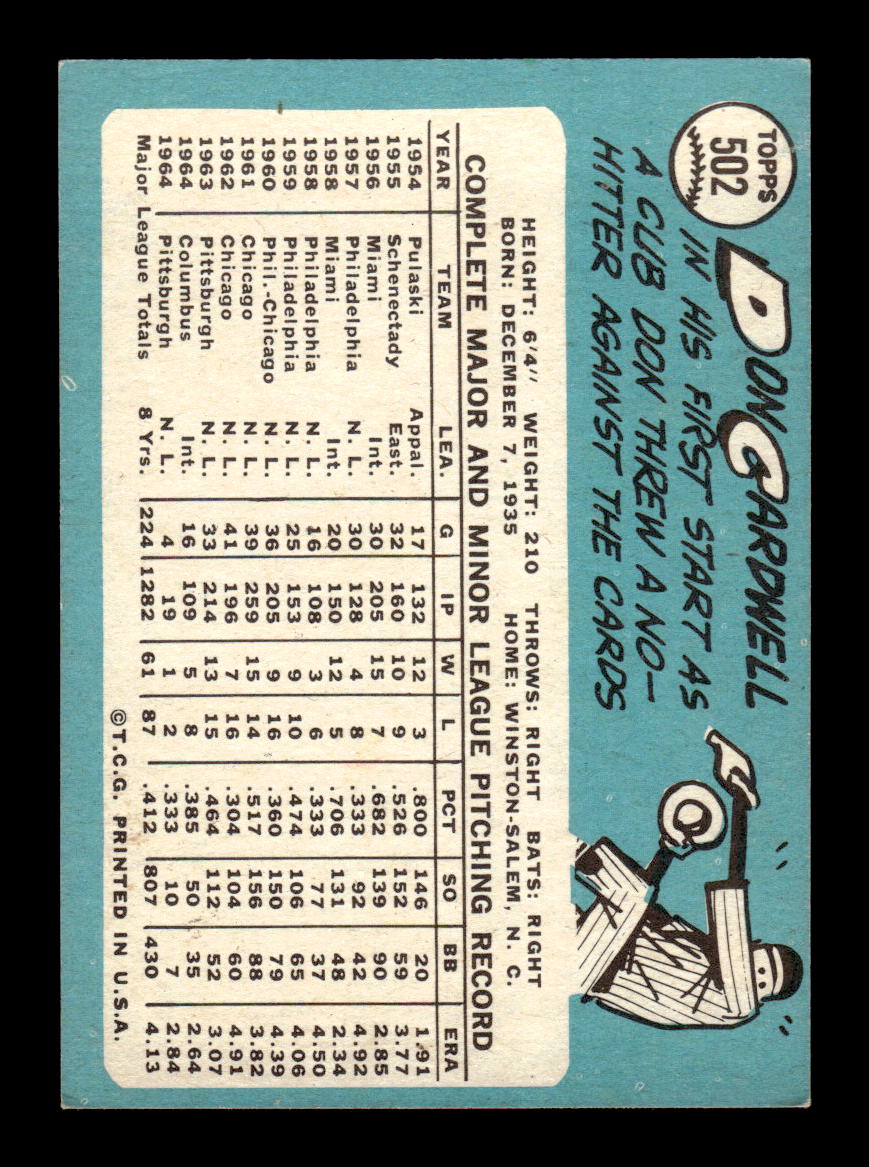 1965 Topps #502 Don Cardwell Pittsburgh Pirates VG 54T10008141