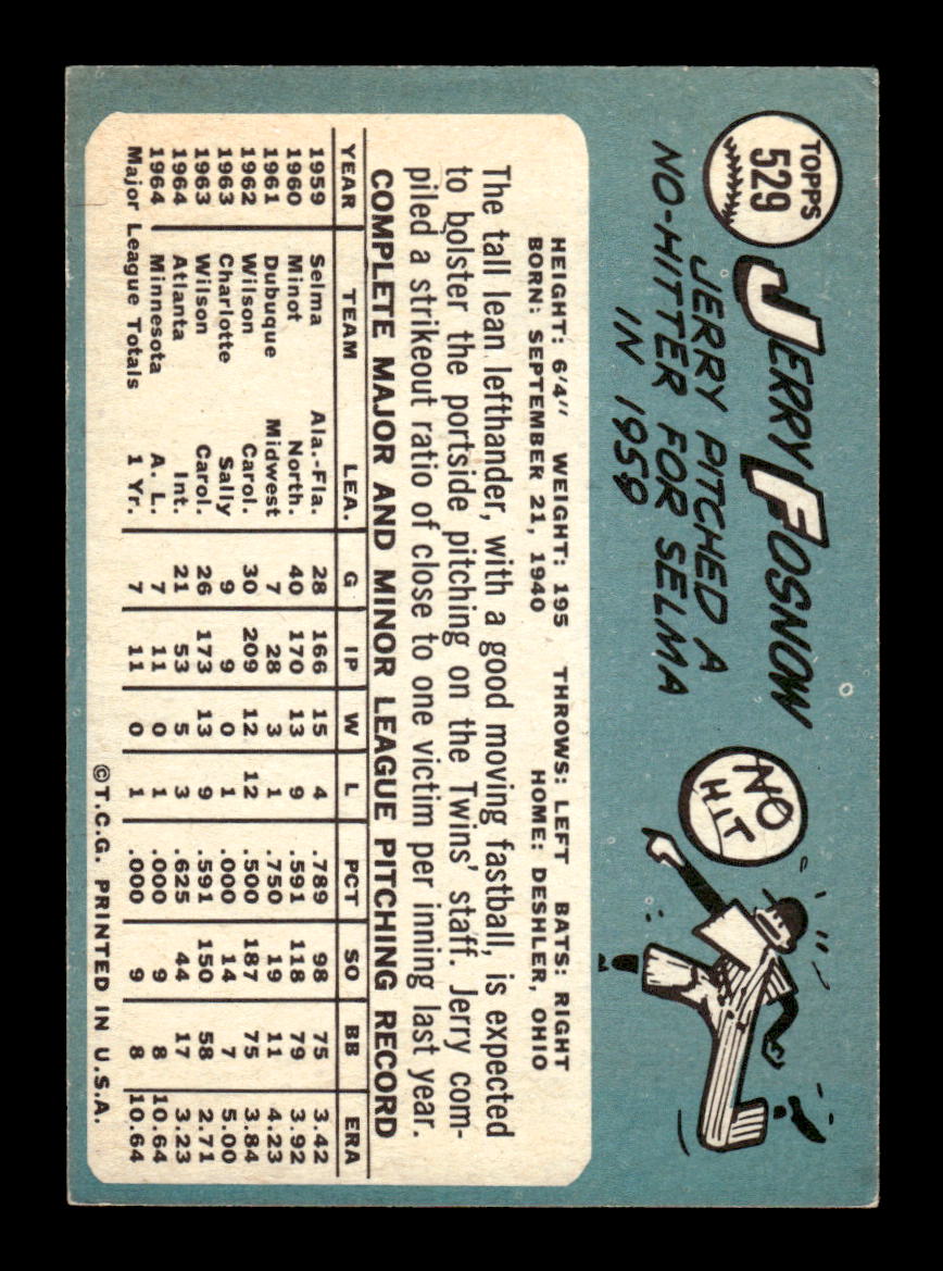 1965 Topps #529 Jerry Fosnow Minnesota Twins VG 54T10008150