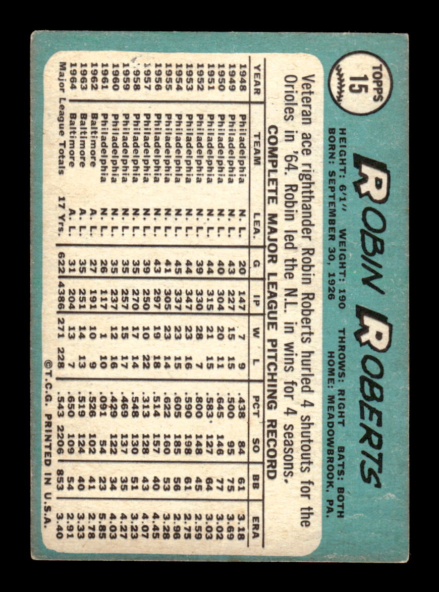 1965 Topps #15 Robin Roberts Baltimore Orioles VGEX 54T10008179