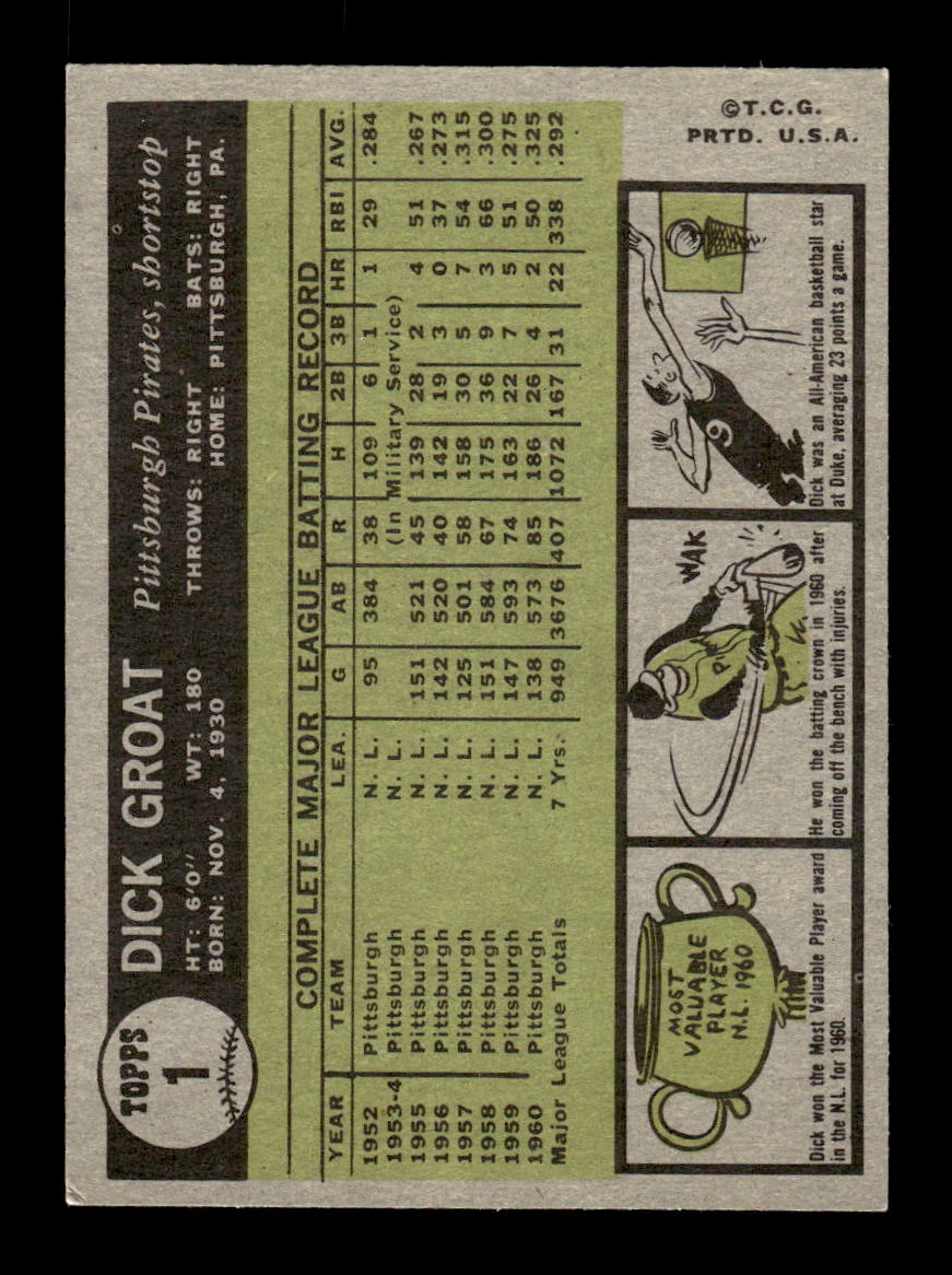 1961 Topps #1 Dick Groat Pittsburgh Pirates EXMT KC10008332