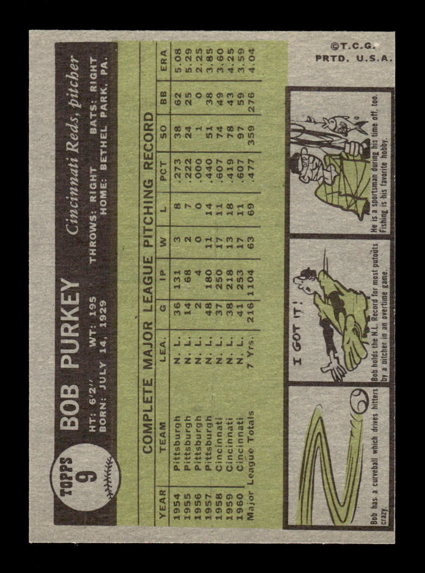 1961 Topps #9 Bob Purkey Cincinnati Reds EXMT KC10008337
