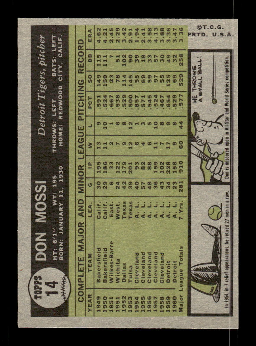 1961 Topps #14 Don Mossi Detroit Tigers EXMT KC10008342