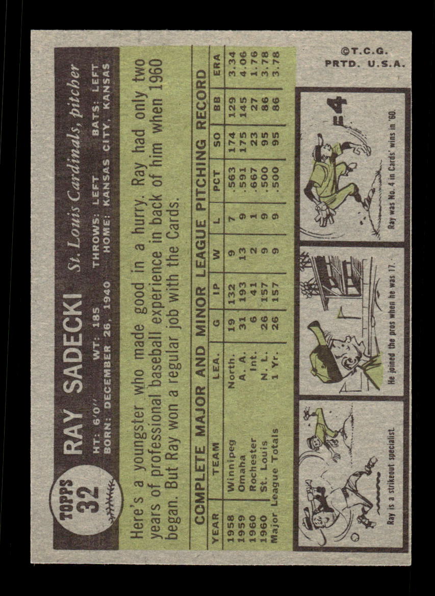 1961 Topps #32 Ray Sadecki St. Louis Cardinals EXMT KC10008379