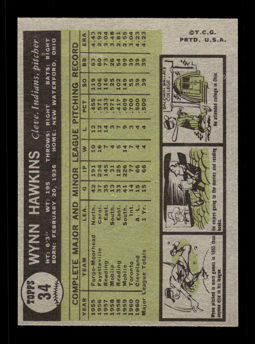 1961 Topps #34 Wynn Hawkins Cleveland Indians EXMT KC10008381