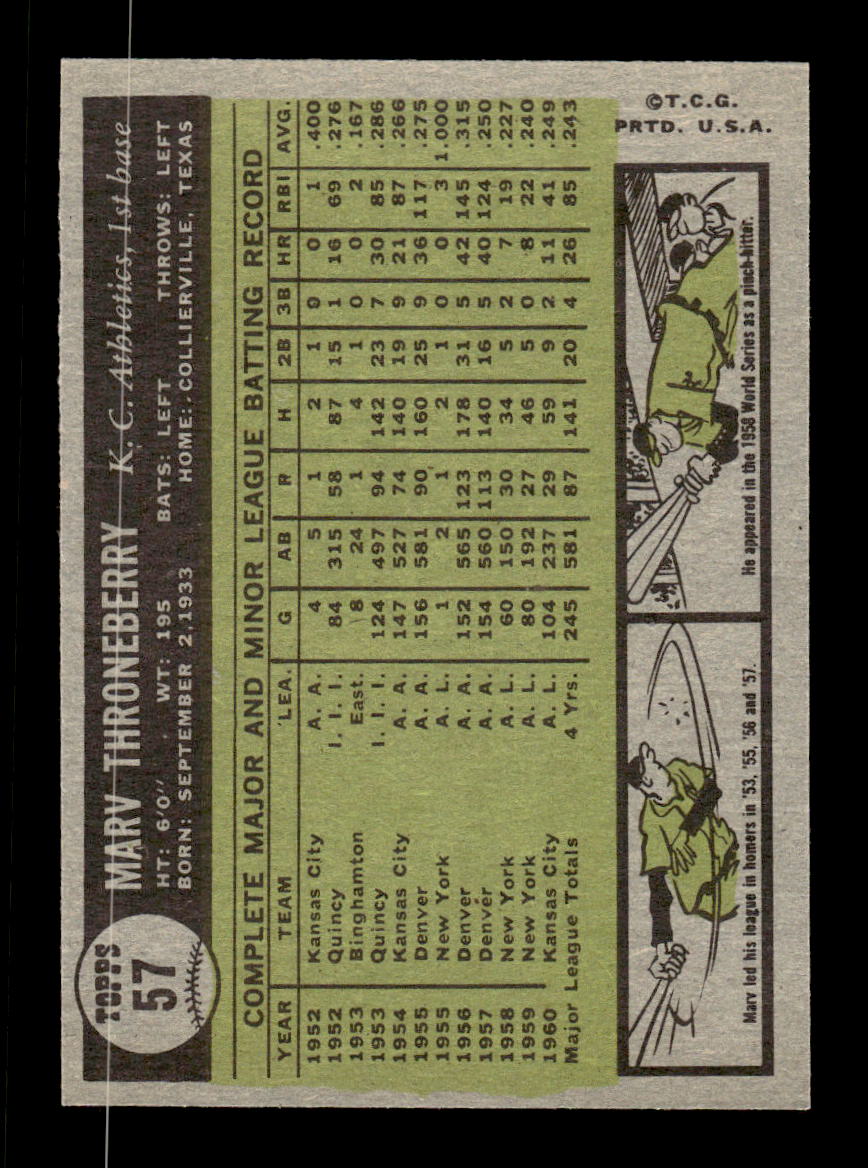 1961 Topps #57 Marv Throneberry Kansas City Athletics EXMT KC10008389