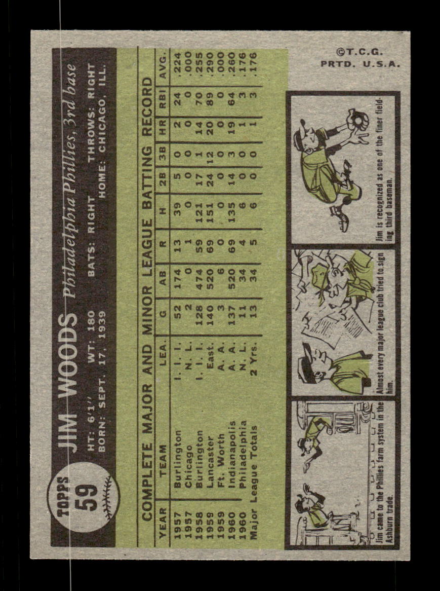 1961 Topps #59 Jim Woods Philadelphia Phillies EXMT KC10008391