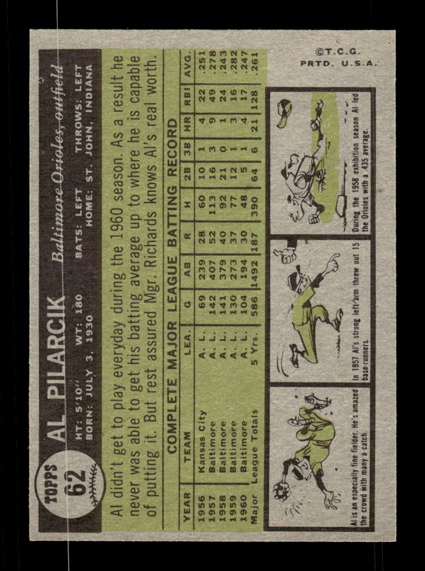 1961 Topps #62 Al Pilarcik Baltimore Orioles EXMT KC10008393