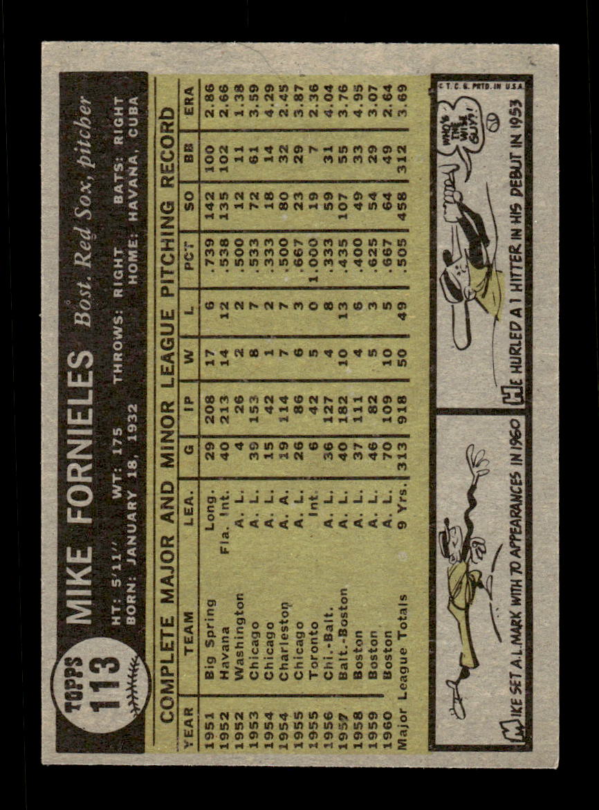 1961 Topps #113 Mike Fornieles Boston Red Sox EXMT KC10008400