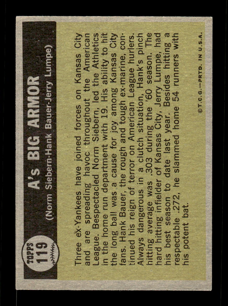 1961 Topps #119 A's Big Armor Hank Bauer Lumpe Siebern NMT KC10008406