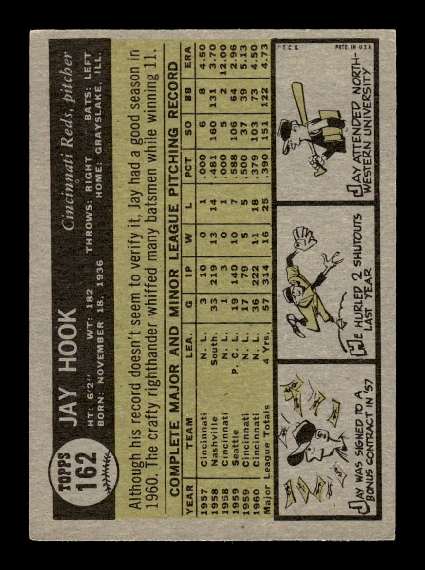 1961 Topps #162 Jay Hook Cincinnati Reds EXMT KC10008445