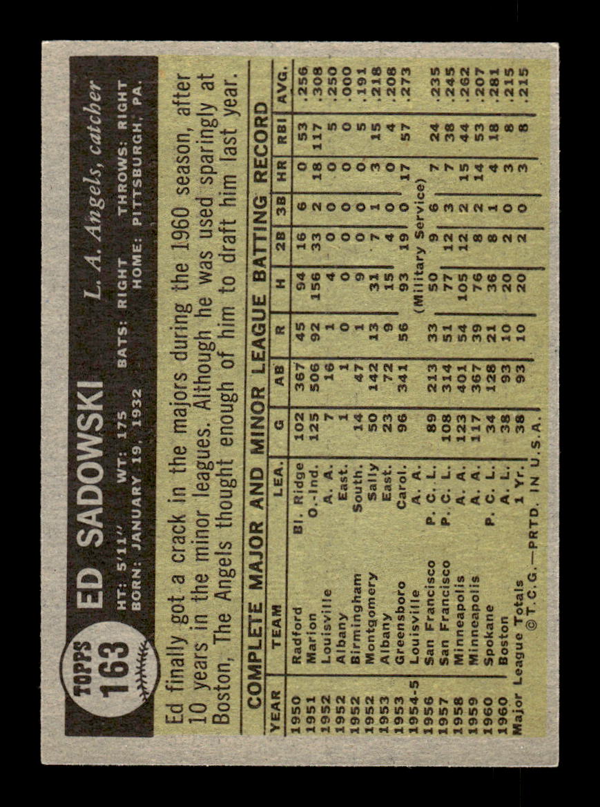 1961 Topps #163 Ed Sadowski Los Angeles Angels EXMT KC10008446