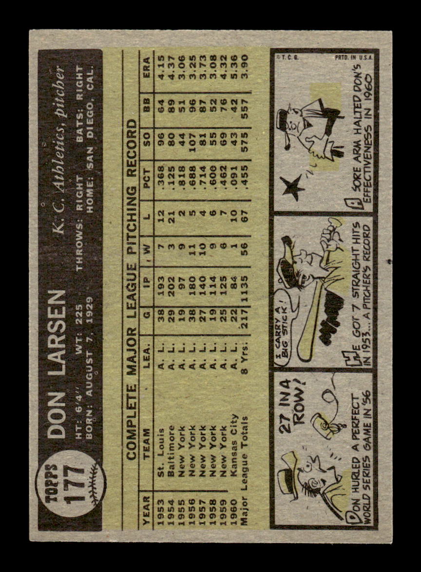 1961 Topps #177 Don Larsen Kansas City Athletics EXMT KC10008458