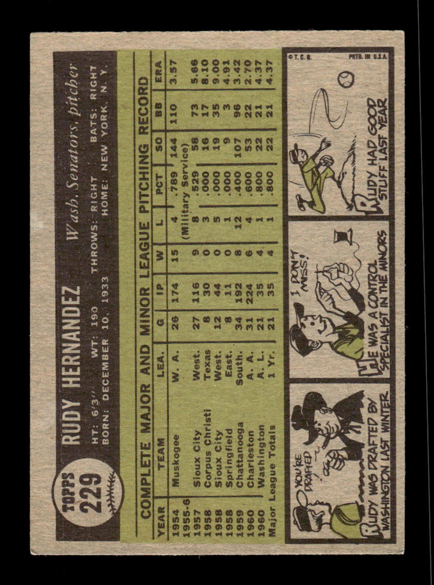 1961 Topps #229 Rudy Hernandez Washington Senators EXMT KC10008502