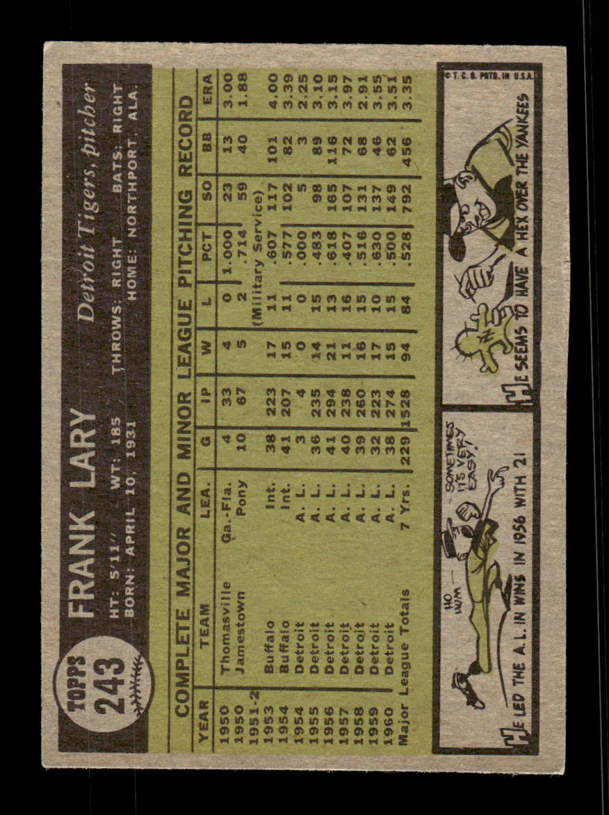 1961 Topps #243 Frank Lary Detroit Tigers EXMT KC10008515