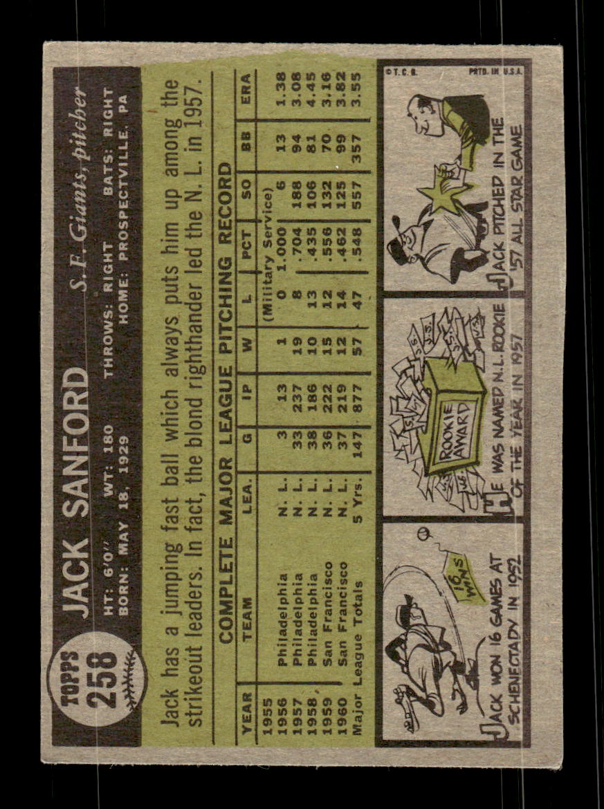 1961 Topps #258 Jack Sanford San Francisco Giants EXMT KC10008529