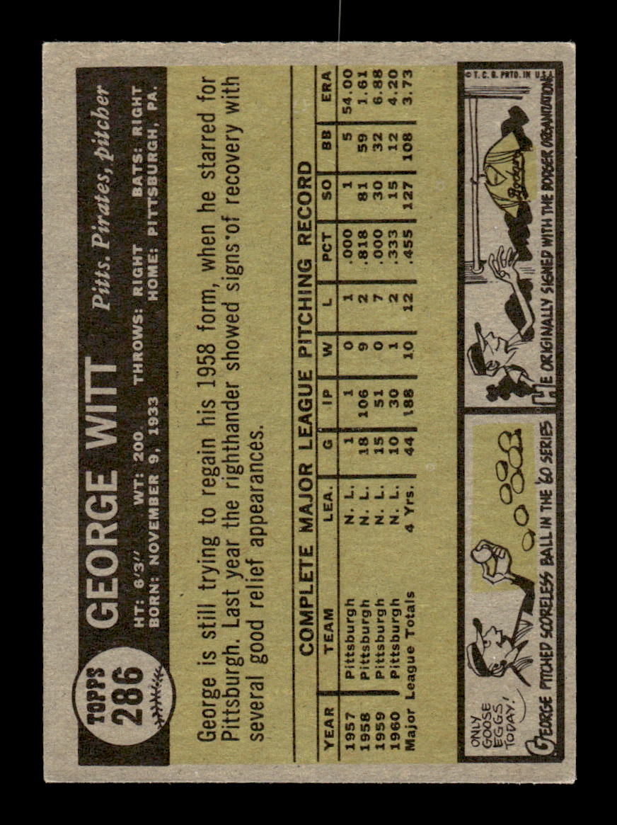 1961 Topps #286 George Witt Pittsburgh Pirates EXMT KC10008555
