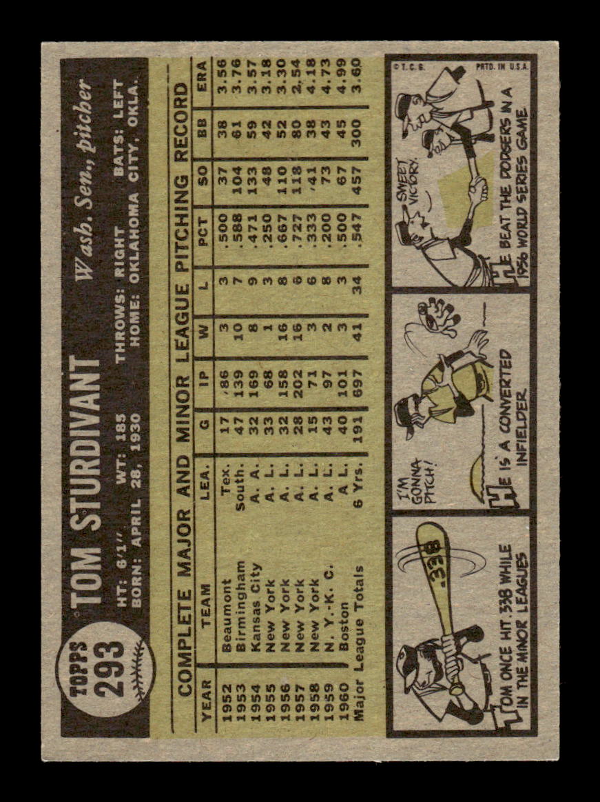 1961 Topps #293 Tom Sturdivant Washington Senators EXMT KC10008560