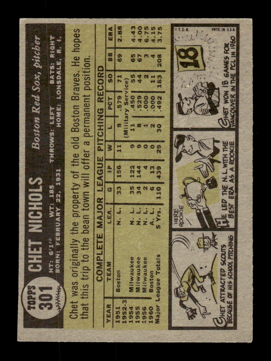 1961 Topps #301 Chet Nichols Boston Red Sox EXMT KC10008567
