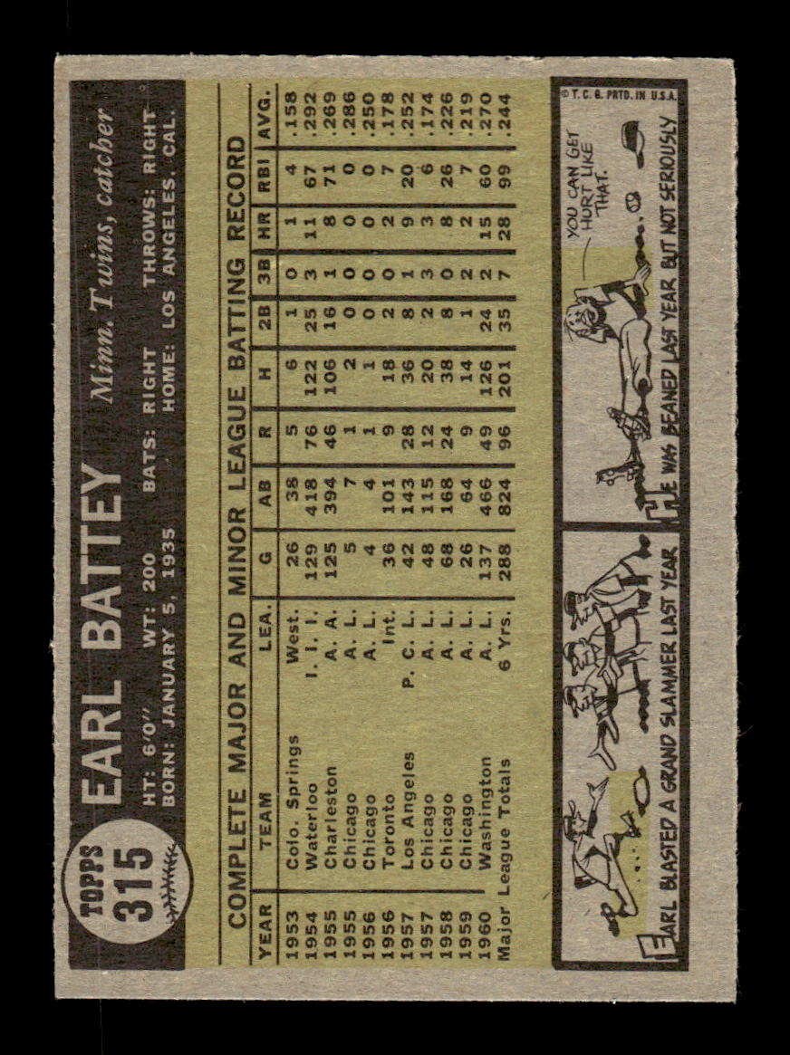 1961 Topps #315 Earl Battey Minnesota Twins EXMT KC10008572