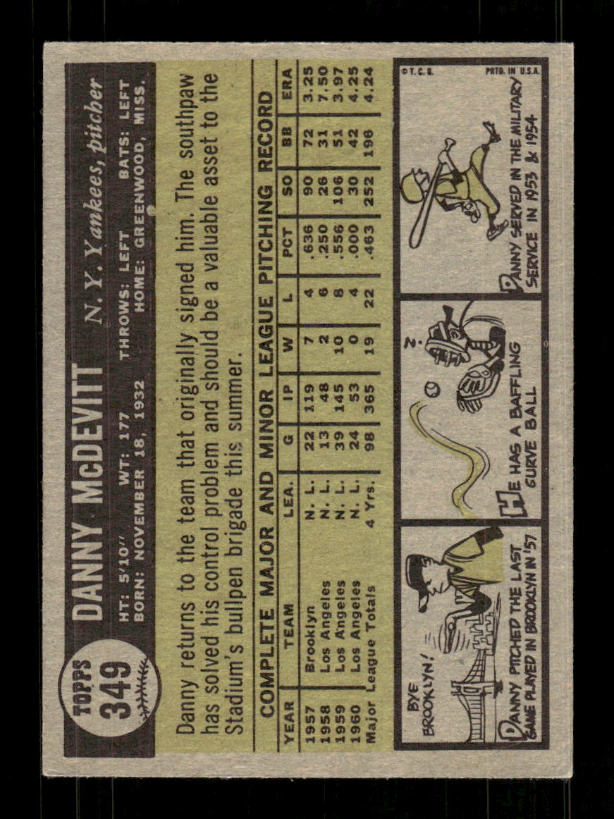 1961 Topps #349 Danny McDevitt New York Yankees EXMT KC10008600