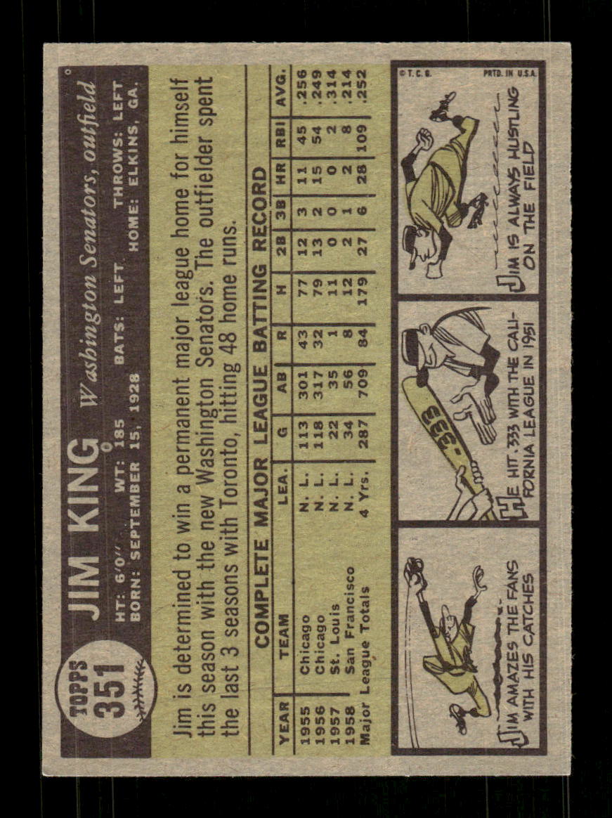 1961 Topps #351 Jim King Washington Senators EXMT KC10008601