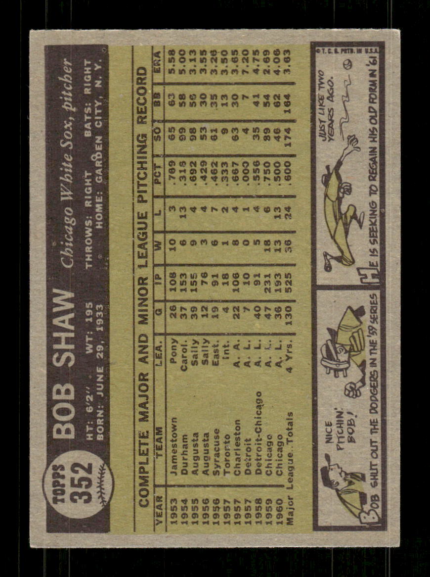 1961 Topps #352 Bob Shaw Chicago White Sox EXMT KC10008602