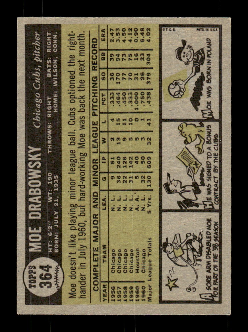 1961 Topps #364 Moe Drabowsky Chicago Cubs EXMT KC10008611