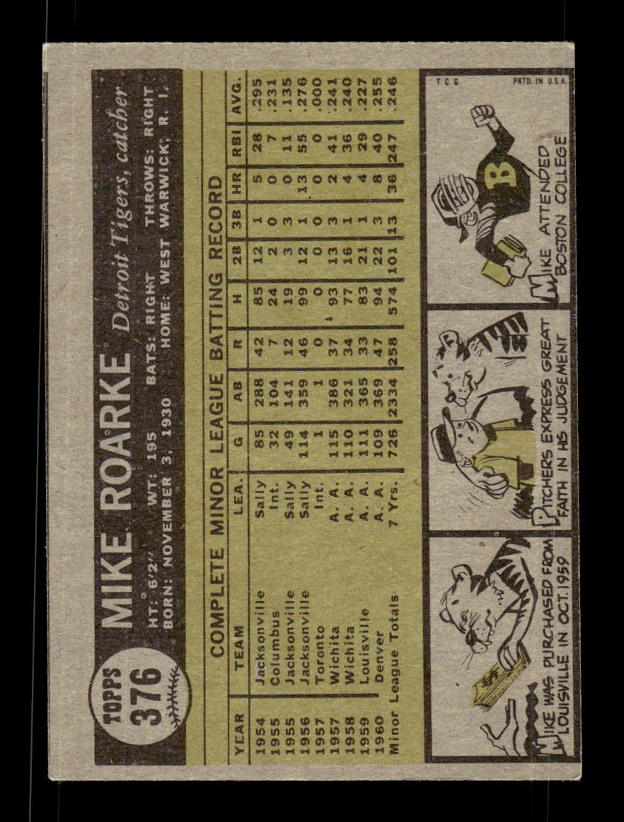 1961 Topps #376 Mike Roarke Detroit Tigers EXMT KC10008621