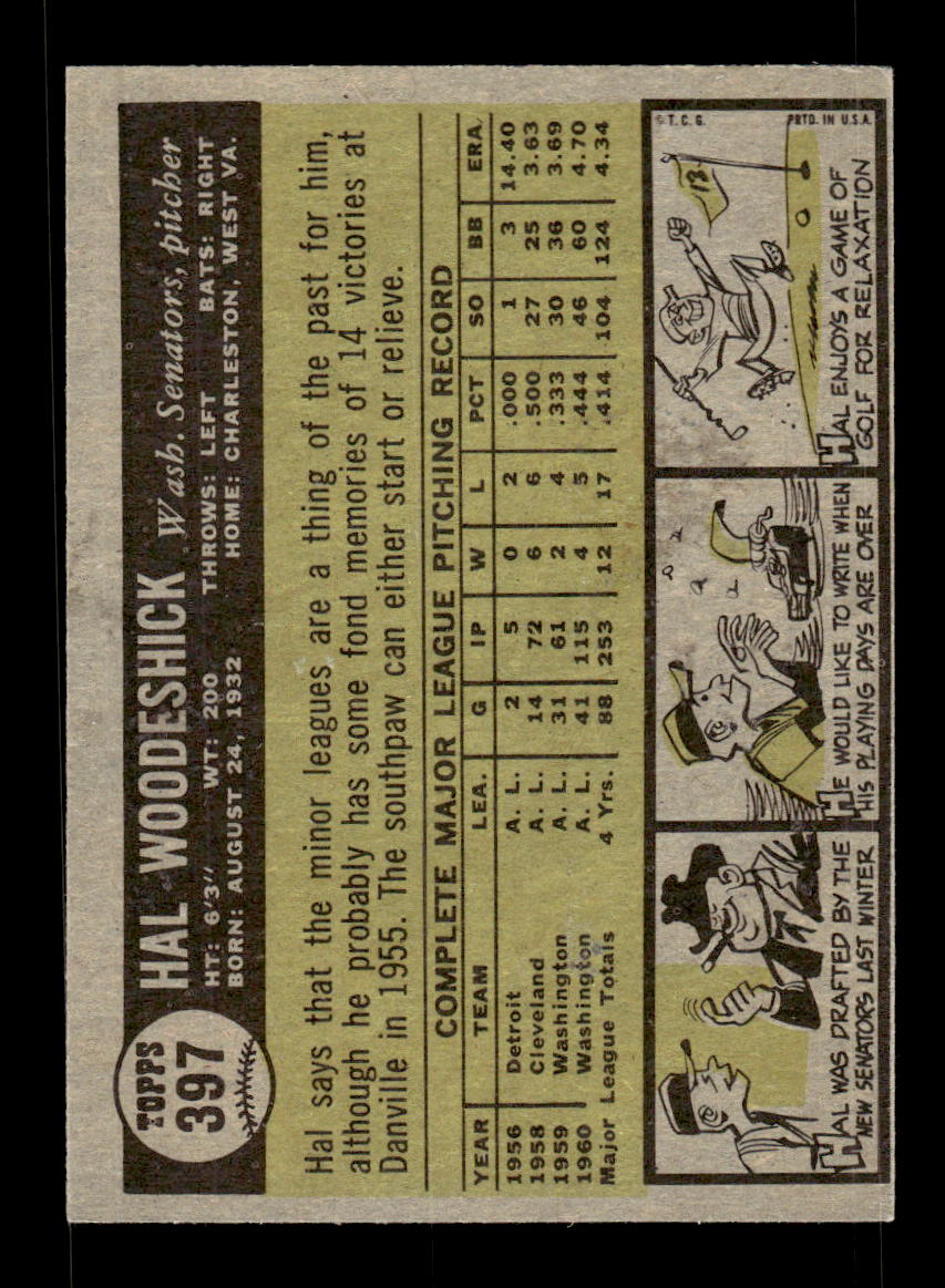 1961 Topps #397 Hal Woodeshick Washington Senators EXMT KC10008631