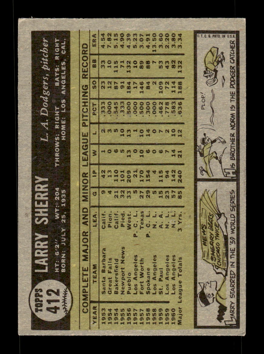 1961 Topps #412 Larry Sherry Los Angeles Dodgers EXMT KC10008636
