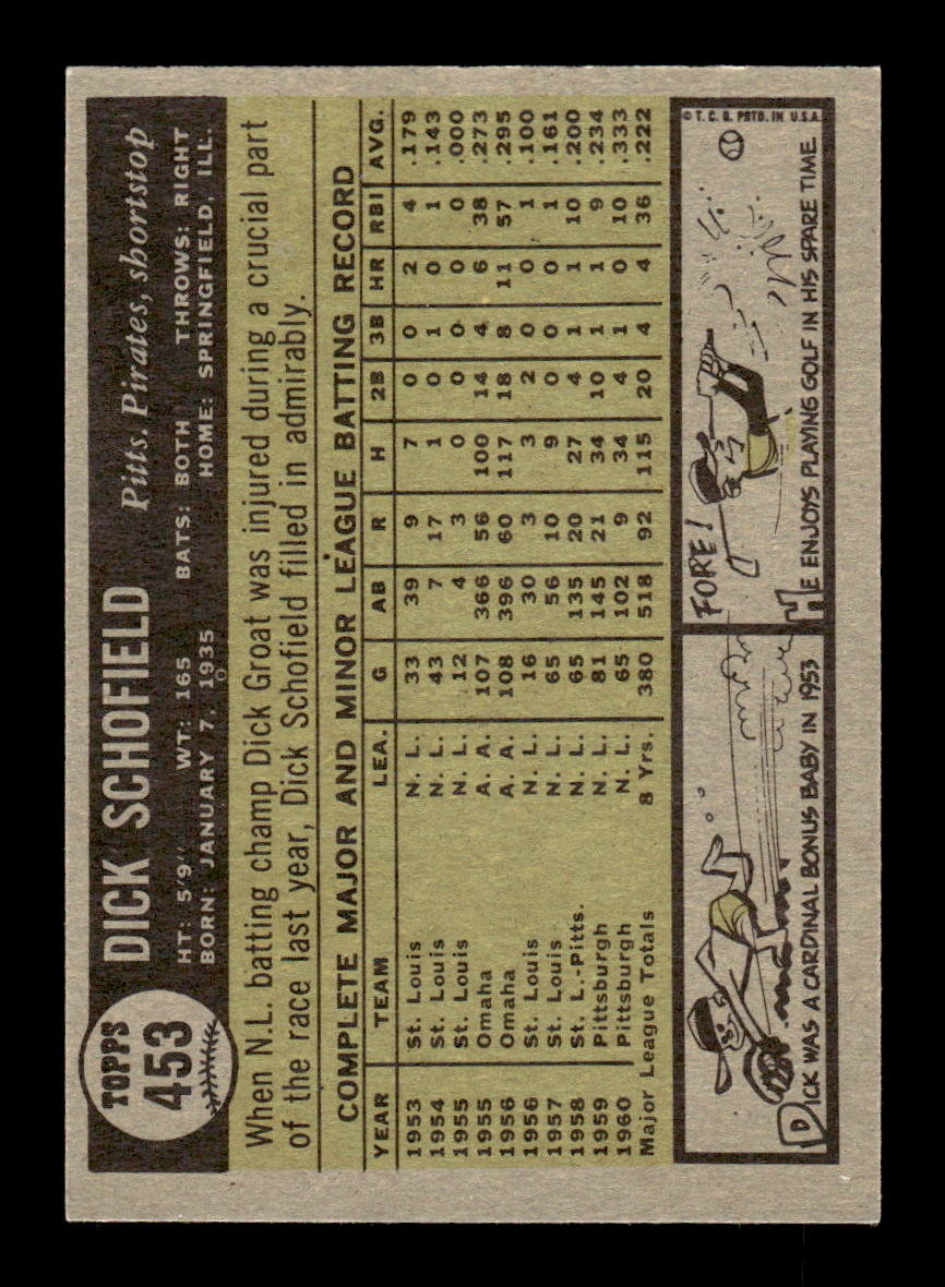 1961 Topps #453 Dick Schofield Pittsburgh Pirates EXMT KC10008659