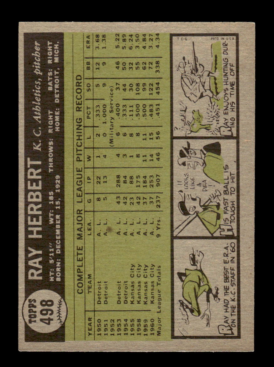 1961 Topps #498 Ray Herbert Kansas City Athletics EXMT KC10008678
