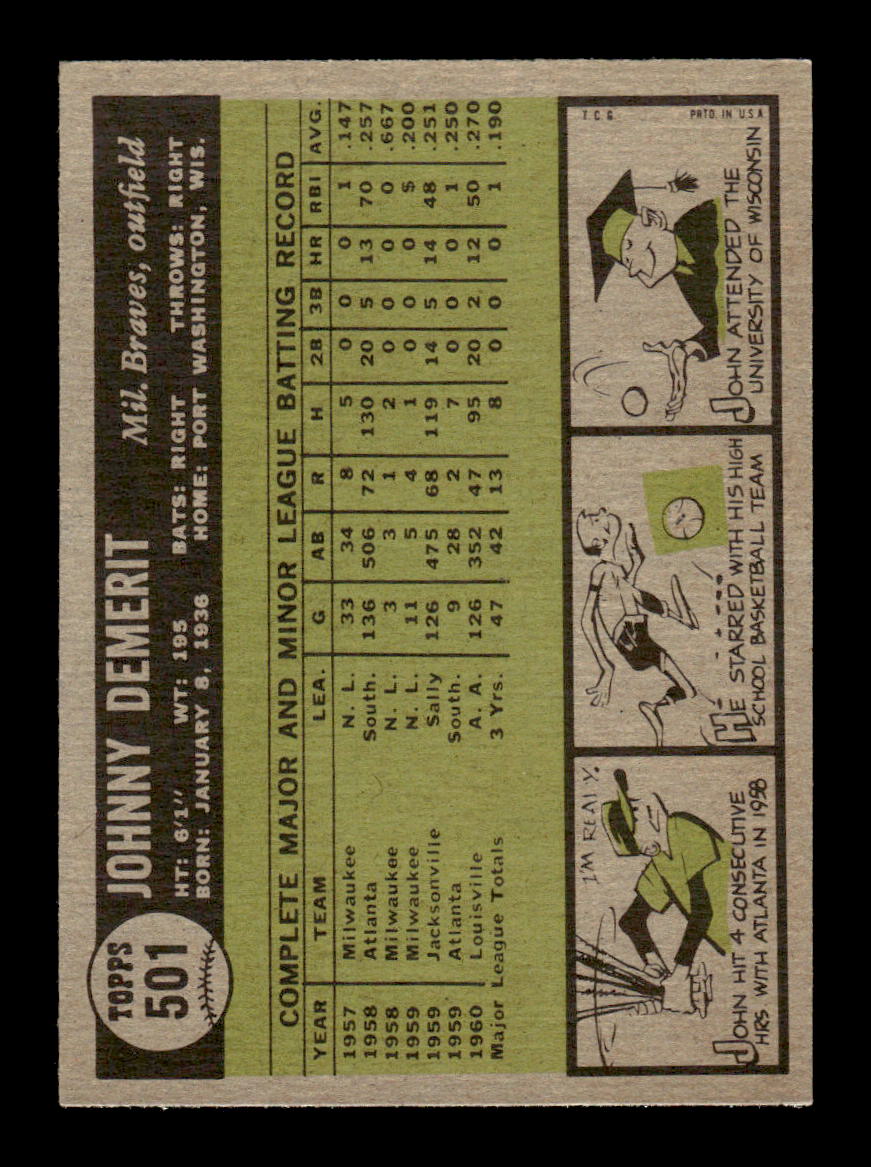 1961 Topps #501 John DeMerit Milwaukee Braves EXMT KC10008681