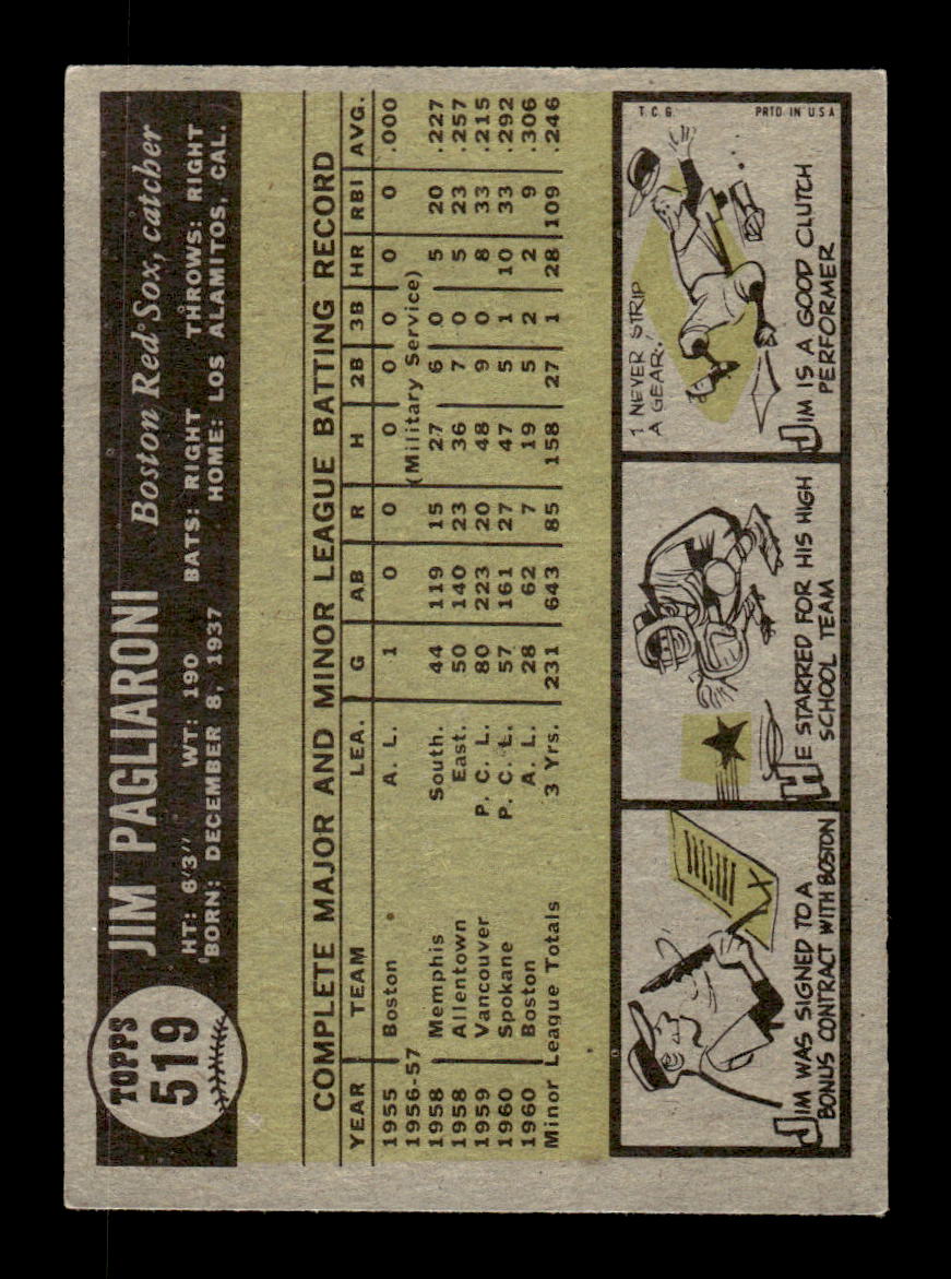 1961 Topps #519 Jim Pagliaroni Boston Red Sox EXMT KC10008693